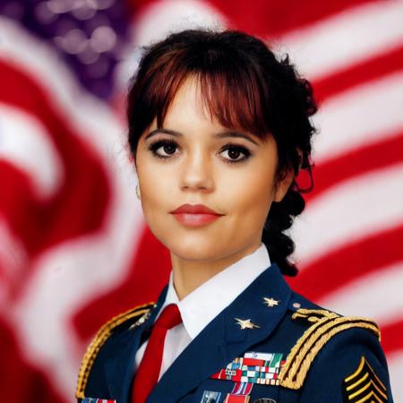 jennort a woman<lora:jennort3:1>, us army portrait, usa flag, sexy, detailed, high quality, sharp, light brown eyes, small iris