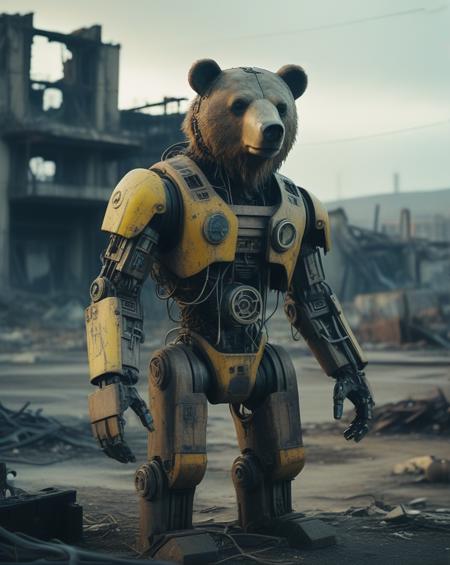 A cybernetic Bear stands amidst ruins, with one side resembling a mechanical robot and the other side retaining its natural fur. The background is a desolate wasteland with crumbling buildings, rusted machinery, and a toxic yellow sky. Incorporate subtle details like glowing blue circuits, exposed wires, and worn leather straps to convey a sense of decay and technological overreach