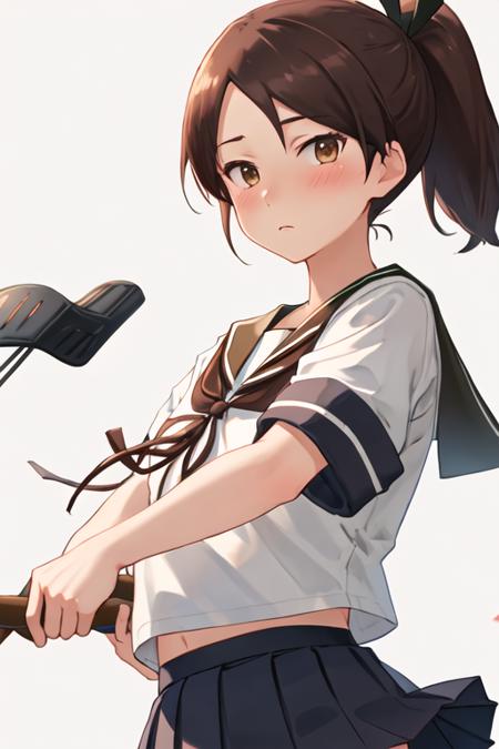 best quality, masterpiece, highres, solo, {shikinami_kantaicollection:1.15}, brown_hair, ponytail, brown_eyes, short_hair, hair_ribbon, ribbon, serafuku, blush, 1girl, brown_sailor_collar, brown_skirt, pleated_skirt, sailor_collar, school_uniform, simple_background, skirt, upper_body, looking_at_viewer, white_background