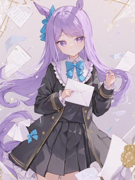 <lora:ç®ç½éº¦æ:1>,1girl,solo,long_hair,animal_ears,horse_ears,purple_hair,skirt,purple_eyes,bow,long_sleeves,black_skirt,black_coat,horse_girl,coat,bowtie,pleated_skirt,bangs,holding_envelope,letter,holding_letter,ribbon,ear_ribbon,frills,blue_bow,