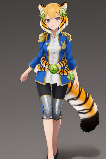 tigermortar, looking at viewer, smile, simple background, hair ornament, full body, epaulettes, tiger ears, tiger tail