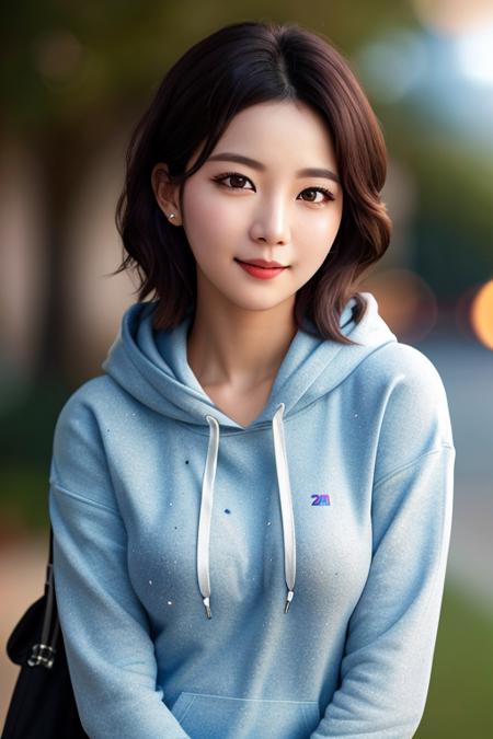 glamour shot of a beautiful Korean idol girl in a hoodie looking bashful at the viewer with a slight smile and winking, photorealistic, girl, a Beautiful Korean woman, kpop idol, (Cute Loose Bob hair), ((hoodie)), ((sweatpants)), (small breasts), symmetrical eyes, ultra highres, photorealistic, 8k, hyperrealism, dramatic lighting, photography, physics-based rendering, ((full body)), best quality, ((realistic photo)), (detailed face), (RAW photo, highest quality, masterpiece), High detail RAW color photo professional close-up photo, (realistic, photo realism:1.4), (highest quality), (best shadow), (ultra high resolution, highly detailed CG unified 8K wallpapers), (aegyo sal:1), beautiful detailed eyes, (eyelashes:1.1), Fujifilm XT3, with a (bokeh effect:1.3),(in the style of Alberto Seveso:1.4)