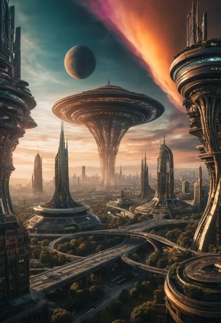 A panoramic photo of an alien cityscape, with towering, organic buildings and a swirling, multi-colored sky, captured with a wide-angle lens, showcasing the city's advanced technology and the planet's alien atmosphere, in a style reminiscent of Ridley Scott's "Blade Runner," with a hidden detail of a small, alien child playing in a park near the city's outskirts. 8K, highly detailed, ultra-realistic, masterpiece.