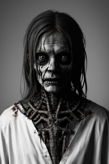 Creepy , disturbing, very dark atmospheric, cinematic photo (innocent and young looking but really the most terrifying, horrifying, and depraved of all) devouring souls from corpses,seen from 25 meters away from subject,  
Epic realism, photo realistic, best quality, perfect realism, Getty Images photo, experimental angles, very dim experimental lighting, wide angle photography, hints of experimental colouring, breathtaking, conflicting shadows , shot using a dual lens