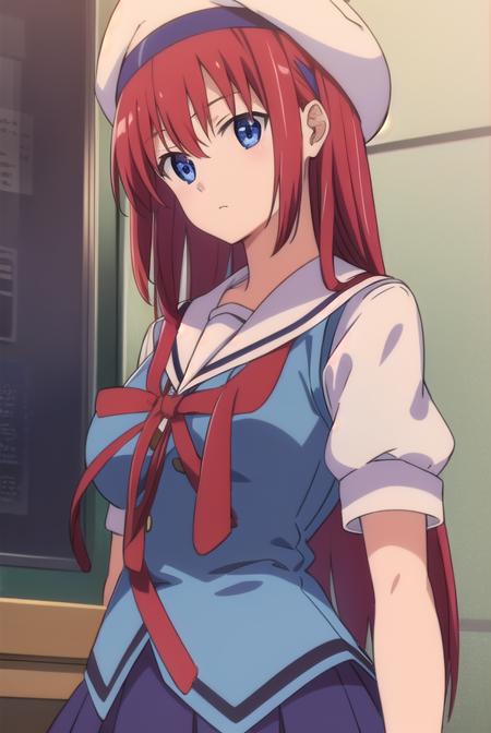 kotorishirakawa, <lora:kotorishirakawatest:1>,
kotori shirakawa, long hair, blue eyes, red hair,  (small breast:1.2),
BREAK skirt, hat, school uniform, short sleeves, socks, puffy sleeves, puffy short sleeves, beret,
BREAK looking at viewer,
BREAK indoors, classroom, 
BREAK <lora:GoodHands-vanilla:1>, (masterpiece:1.2), best quality, high resolution, unity 8k wallpaper, (illustration:0.8), (beautiful detailed eyes:1.6), extremely detailed face, perfect lighting, extremely detailed CG, (perfect hands, perfect anatomy),