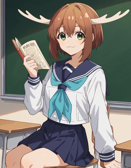 noko shikanoko, short hair, bangs, brown hair, hair between eyes, green eyes, horns, skirt, shirt, long sleeves, school uniform, white shirt, pleated skirt, serafuku, sailor collar, blue skirt, neckerchief, blue sailor collar,