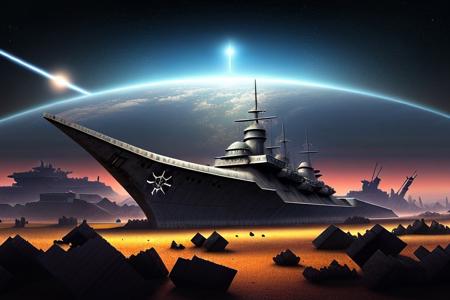 a space pirate battleship among the ruins of an advanced, futuristic city