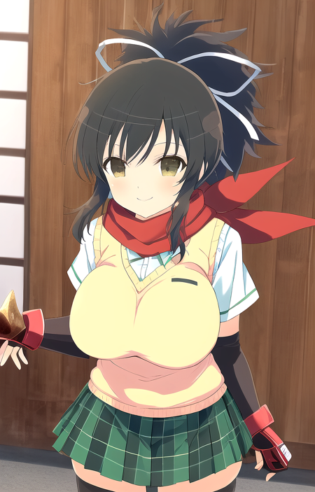 masterpiece, best quality, 
asuka_sk, asuka_kunoichi_uniform, 1girl, short hair, ponytail, large breasts, wide hips, red scarf, hair ribbon, white ribbon, gauntlets, light brown sweater vest, pleated skirt, green short skirt, black thighhighs, closed mouth, smile, happy, cowboy shot, front view, wooden wall, ultra-detailed, anime, senran kagura, 8k <lora:Asuka_SK-08:1>