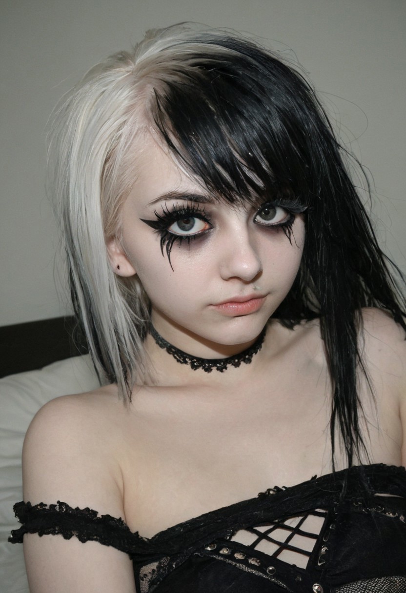 score_9, score_8_up, score_7_up, photo \(medium\), realistic, photorealistic, goth, eyelashes, bare_shoulder, alternate_hair_color, collegesluts, face_fucking