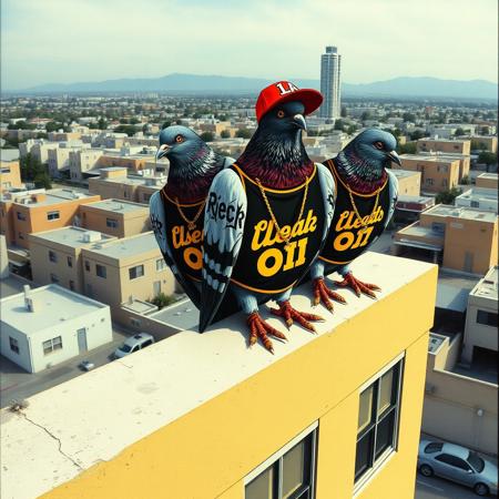 CD album cover of the hottest Rap album of 1997 titled "pooping on ya hoods",  The cover features street gansta pigeons wearing basketball shirts, caps and golden chains. The birds are sitting on the ledge of a building over a ghetto neighborhood of Los Angeles