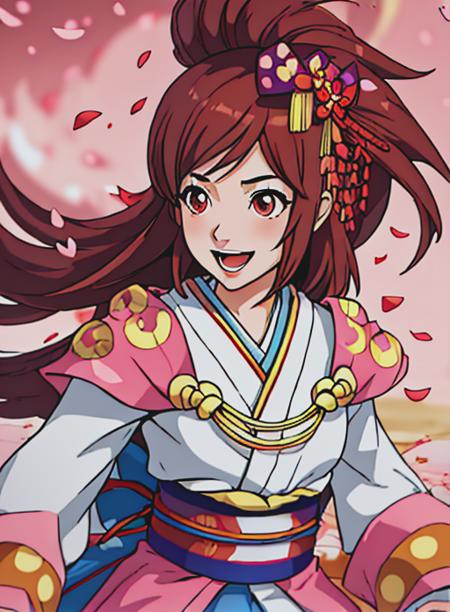 best quality, (masterpiece),(ultra-detailed), (high quality), (high resolution), <lora:oichi:0.7>,oichi, 1girl, solo, long hair, smile, open mouth, brown hair, hair ornament, bow, brown eyes, japanese clothes, kimono, petals,