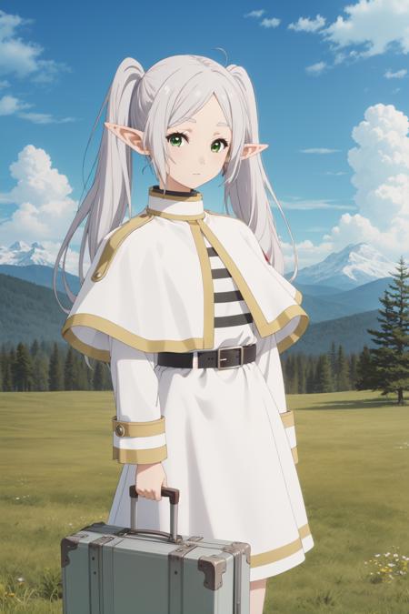 masterpiece, best quality, highly detailed, frieren, 1girl, belt, belt buckle, black belt, blue sky, buckle, capelet, closed mouth, cloud, day, elf, floating hair, gold trim, grass, green eyes, holding, holding staff, holding suitcase, long hair, long sleeves, looking at viewer, mage staff, mountainous horizon, outdoors, parted bangs, pointy ears, rock, shadow, shirt, skirt, sky, solo, staff, suitcase, tree, twintails, white capelet, white hair, white shirt, white skirt, <lora:frieren-10:1>, <lora:liz-04:0.6>