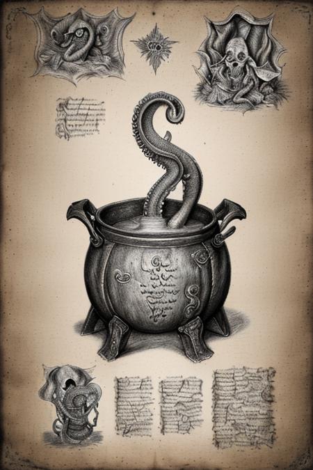 forgotten_pages a drawing a cauldron with and octupus inside <lora:forgotten_pages:1>