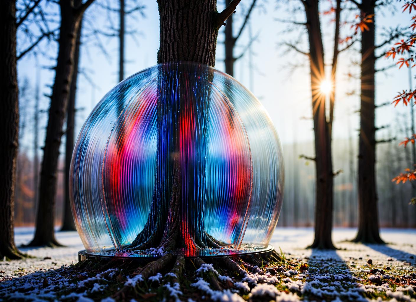 {    "T5": "In the heart of a winter forest, an Oak tree stands tall, partially encased in a mystical, translucent, colored glass structure, forged by Ferrari's expertise, with cheetah print patterns dancing across its surface, reflecting hues of sapphire and amethyst. Soft, golden light filters through the frost-covered branches, illuminating the magical scene, captured with an extremely shallow depth of field using a 100mm lens, casting the rest of the forest in a creamy, dreamy blur.",    "CLIP-L": "Translucent, colored glass structure, cheetah print pattern, Oak tree, winter forest, mystical, Arcane, Ferrari craftsmanship, soft golden light, shallow depth of field, 100mm lens" }