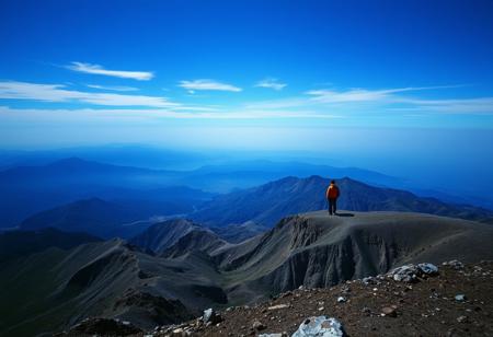 Immerse in a breathtakingly beautiful landscape: a vibrant blue-hued horizon stretches across the frame, fading into an atmospheric haze. Unusual dark colors, such as deep indigo and rich charcoal, punctuate the scene with dramatic flair. Cinematic lighting casts long shadows, emphasizing the fine details of the terrain. Film grain adds texture to the image, while superb composition guides the viewer's eye through the masterpiece. Maximum detail is achieved in every element, from the rugged terrain to the wispy clouds, creating an unparalleled level of visual mastery.