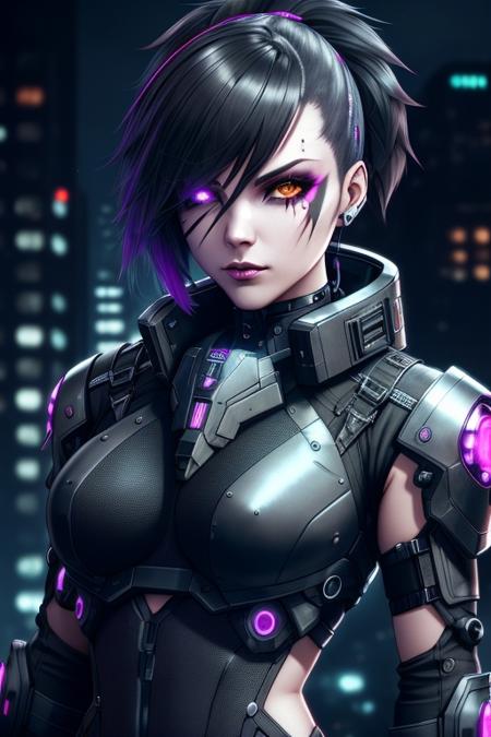 girl, cyberpunk augmentation, cyberware, cyborg, carbon fiber, chrome, implants, metall skull, bloody, cyber plate armor, dark atmosphere, dark night, scars, (black short disheveled hair:1.1), black eyeshadow, beautiful detailed glow, detailed, Cinematic light, intricate detail, highres, rounded eyes, detailed facial features, high detail, sharp focus, smooth, aesthetic,  extremely detailed, insanely detailed and intricate dark industrial factory background, slim body, stylish pose,