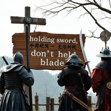 HUGE wooden sign with Text:"holding sword,
don't hold blade" ,knight and samurai and chinese swordman  are looking at the sign,from back