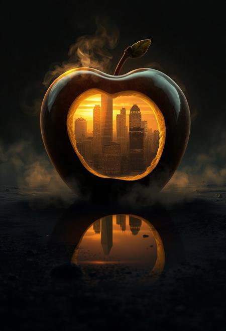 A digital illustration of a surreal scene where a dark, reflective apple has been bitten into, revealing a stunning cityscape inside. The city is lit up with warm, golden light, suggesting either sunrise or sunset. Skyscrapers dominate the view, with some buildings glowing brightly. The apple is surrounded by swirling clouds of smoke or mist, creating a dreamlike and ethereal atmosphere. The apple rests on a reflective surface, which mirrors the city and the apple itself. The ground is dark and textured, with small rocks and debris scattered around. The image should have a cinematic and dramatic feel, highlighting the contrast between nature and urban life.