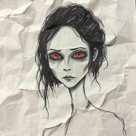 Crumpled paper aesthetics, hand drawing, creepy, 1woman, red eyes, neutral expression, looking at viewer, dark circles under eyes, Scribble, scribbled, drawing, old paper, drawned, not real