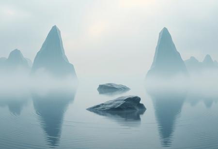 A serene yet monumental landscape unfolds before the viewer: towering, silver-white monoliths with a subtle blue gradient at their peaks rise majestically above a vast, reflective lake. These elegant, conical structures stand in perfect harmony, their smooth surfaces capturing and mirroring the sky’s shifting tones. A solid rock platform emerges from the water, providing a stable, grounded centerpiece where the monoliths are thoughtfully arranged.
A delicate mist drapes the foreground, partially veiling the scene, inviting the viewer to step into its ethereal depth. The lake’s surface, ever so gently rippled, flows towards the observer in a continuous, harmonious motion. Above, a soft rain falls, creating a mesmerizing dance of droplets across the water, sending ripples that expand in delicate patterns. The mist, the reflections, and the cascading rainfall unite in a dreamlike interplay of light, form, and motion, evoking an atmosphere of tranquility, mystery, and quiet grandeur.