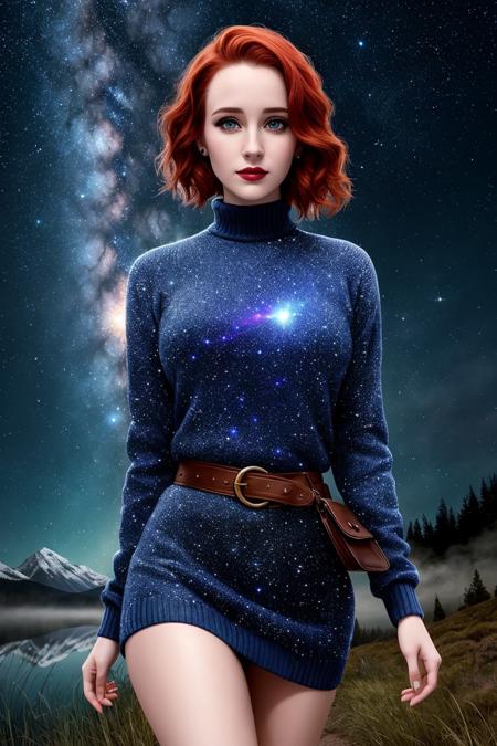 photo of rachelbro:0.99, a woman with ((short hair)),((pale skin, red hair)), ((cowboy shot, waist, hips, thighs):1.2), ((turtleneck sweater dress):1.2),((walking,outdoors, at night):1.2),((detailed face, beautiful face, detailed eyes, beautiful eyes):1.1), ((lipstick, eyeliner, eye shadow):1.2),((best quality, masterpiece, extreme details):1.2) ((detailed eyes, detailed face):1.2), woman, solo, beautiful, sexy, full body, looking at looking at viewer, magic colorful forest,fluffy tree, blue sky,mountain,4k, concept art,oil painting, realistic trees, beautiful, green grass, fog, stars, supernova, stars at sky, magical, night, dark,big galaxy,glowing stars, star light, falling star,comet, lake,water, reflection, adorable, (extraordinary:0.6), (closeup)