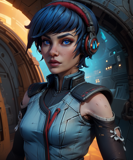 Ava,short blue hair,blue eyes,looking at viewer,nose ring,
tiny earrings,
jacket,sleeveless,detached sleeves,
standing,upper body,headphones,
spaceship,
(insanely detailed, beautiful detailed face, masterpiece, best quality),<lora:Ava-10BD3:0.6>,