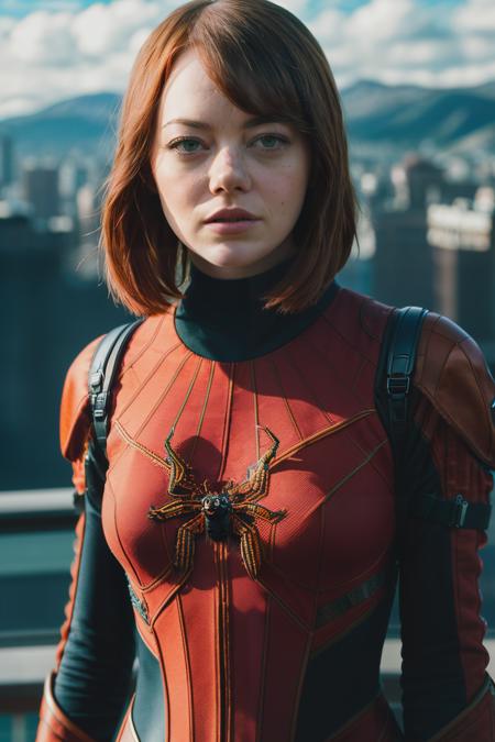 A stunning intricate full color portrait of emmaSto1, wearing spider woman costume, epic character composition, by ilya kuvshinov, alessio albi, nina masic, sharp focus, natural lighting, subsurface scattering, f2, 35mm