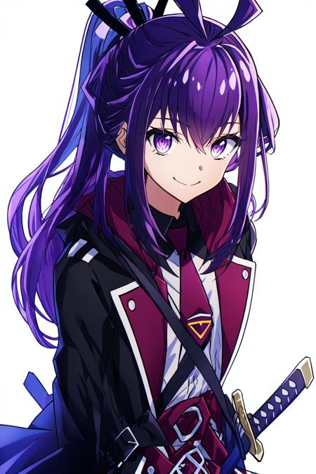 nno, purple eyes, purple hair, long hair, bang, black-burgundy jacket, burgundy tie, sword, hilt on waist, looking at viewer, smile, white background
high quality, best quality, ultra detailed, masterpiece, medium breast, <lora:EMS-51889-EMS:0.800000>