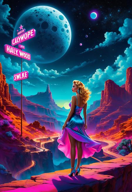 Contemporary Concept Art., Surrealism, a nostalgic scene of a starlet in a vibrant, neon-lit Hollywood setting, surrounded by the mystique of the canyons and a swirling nebula sky with a hidden moon, Highly Detailed