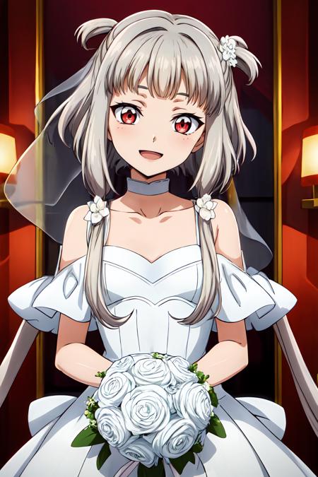 Tianzi_V2 grey hair, long hair, sidelocks, blunt bangs, hair tubes, quad tails, hair rings, hair ornament, red eyes chinese clothes, hanfu, blue dress, bare shoulders, detached collar, detached sleeves, long sleeves, puffy sleeves white choker, bridal veil, white dress, wedding dress, collarbone