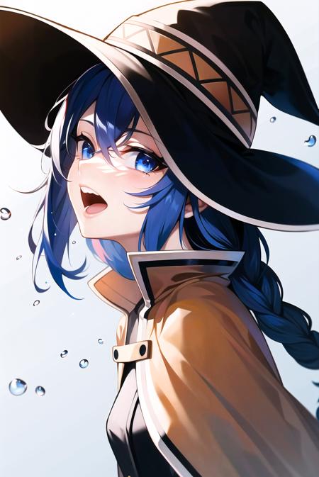 roxy migurdia, 1girl, bangs, black headwear, blue background, blue eyes, blue hair, braid, brown cape, cape, close-up, floating hair, hair between eyes, hat, long hair, looking at viewer, lower teeth only, open mouth, portrait, solo, teeth, water drop, witch hat,  ((masterpiece)), blue light, blue background
<lora:roxy_migurdia_offset:1>