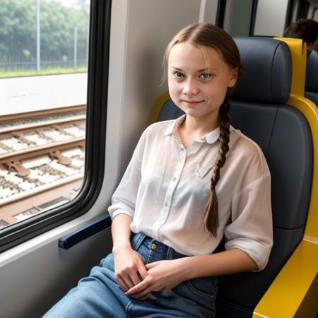 masterpiece), (greta thunberg) on a train, full body shot, skinny slim body, comfortable clothes, transparent wet white shirt, happy face, one braided ponytail, ultra realistic, HDR, intricate details