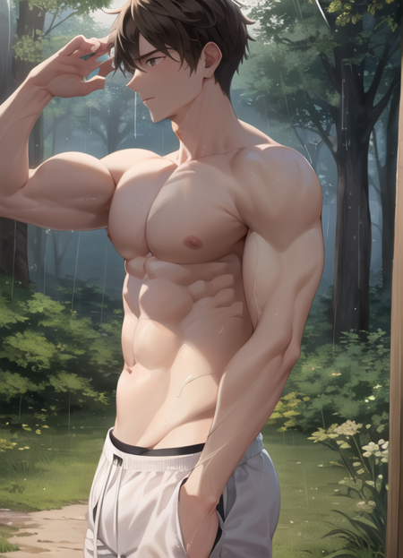 pectorals,male,forest,rain,<lora:Muscular-10:1>