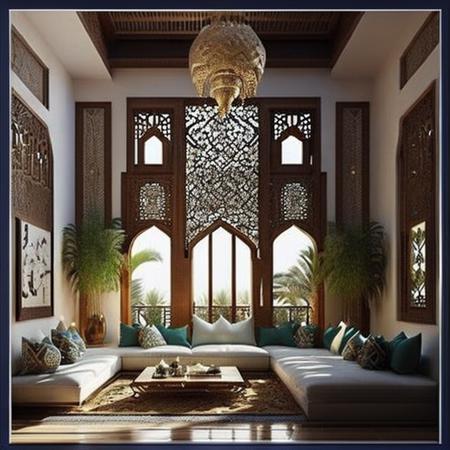 <lyco:Arabic_style_interior_design_Sa_May:1.0> arabic house, arabesque, inside, ornaments, arabic letters, arabic calligraphy, living room, decoration, furniture, windows, decoration plants, high walls