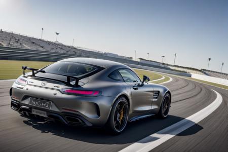 a moving shot of sports car(mercedes_amg_gt_v1-3600:1.0),driving on the dubai racetrack,modelshoot style,masterpiece, (extremely detailed CG unity 8k wallpaper),unreal engine, 75mm lens,  High Detail, Sharp focus, dramatic, motion blur