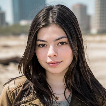 RAW photo, a close up portrait photo of "miranda cosgrove" in wastelander clothes, long haircut, pale skin, slim body, background is city ruins, (high detailed skin:1.2), 8k uhd, dslr, soft lighting, high quality, film grain, Fujifilm XT3 <lora:miranda cosgrove v1.2:0.7>