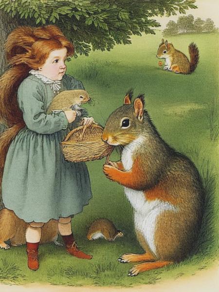 <lyco:KateGreenaway:1.0> A few squirrels coughed, Kate Greenaway style