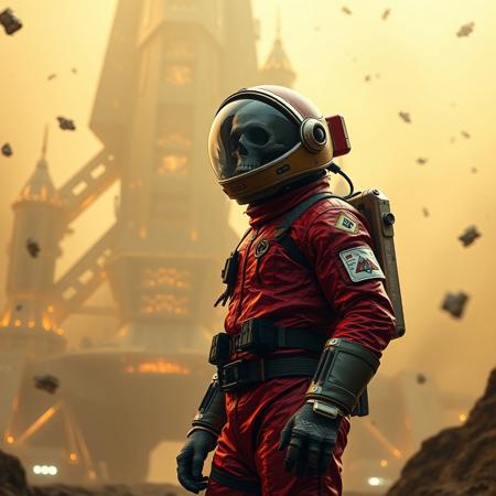 A cinematic shot of an undead lich astronaut in a vibrant metallic red spacesuit standing in the foreground, with a massive, ziggurat spacestation as the backdrop. The spacestation is adorned with numerous lights, windows, and technical details. The astronaut's suit is equipped with various gadgets and patches. The atmosphere is filled with floating debris and a hazy golden glow