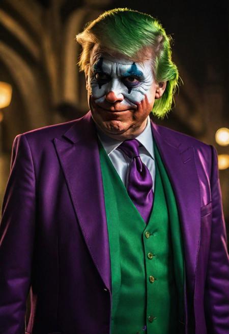 Generate a satirical and cinematic image depicting Donald Trump in a Joker's costume within the stylized world of a Batman film. Envision Trump adorned in an intricately detailed Joker outfit, complete with the iconic purple suit, green hair, and the Joker's characteristic makeup,(Masterpiece:1.3) (best quality:1.2) (high quality:1.1)