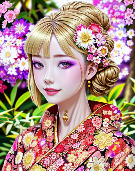 4K, Masterpiece, highres, absurdres,natural volumetric lighting and best shadows, deep depth of field, sharp focus, soft delicate beautiful attractive face,vandread,blonde Nadia with sunglasses and a choker , smiling, vandread drawing style, 
1girl, solo, hair ornament, upper body, flower, japanese clothes, hair flower, kimono, hair bun, blurry, lips, blurry background, floral print, realistic, red kimono, with a edgJapan haircut,
<lora:Dita:0.25> <lora:Nadia:0.35> <lora:zeronis:1> <lora:edgJapan:1>