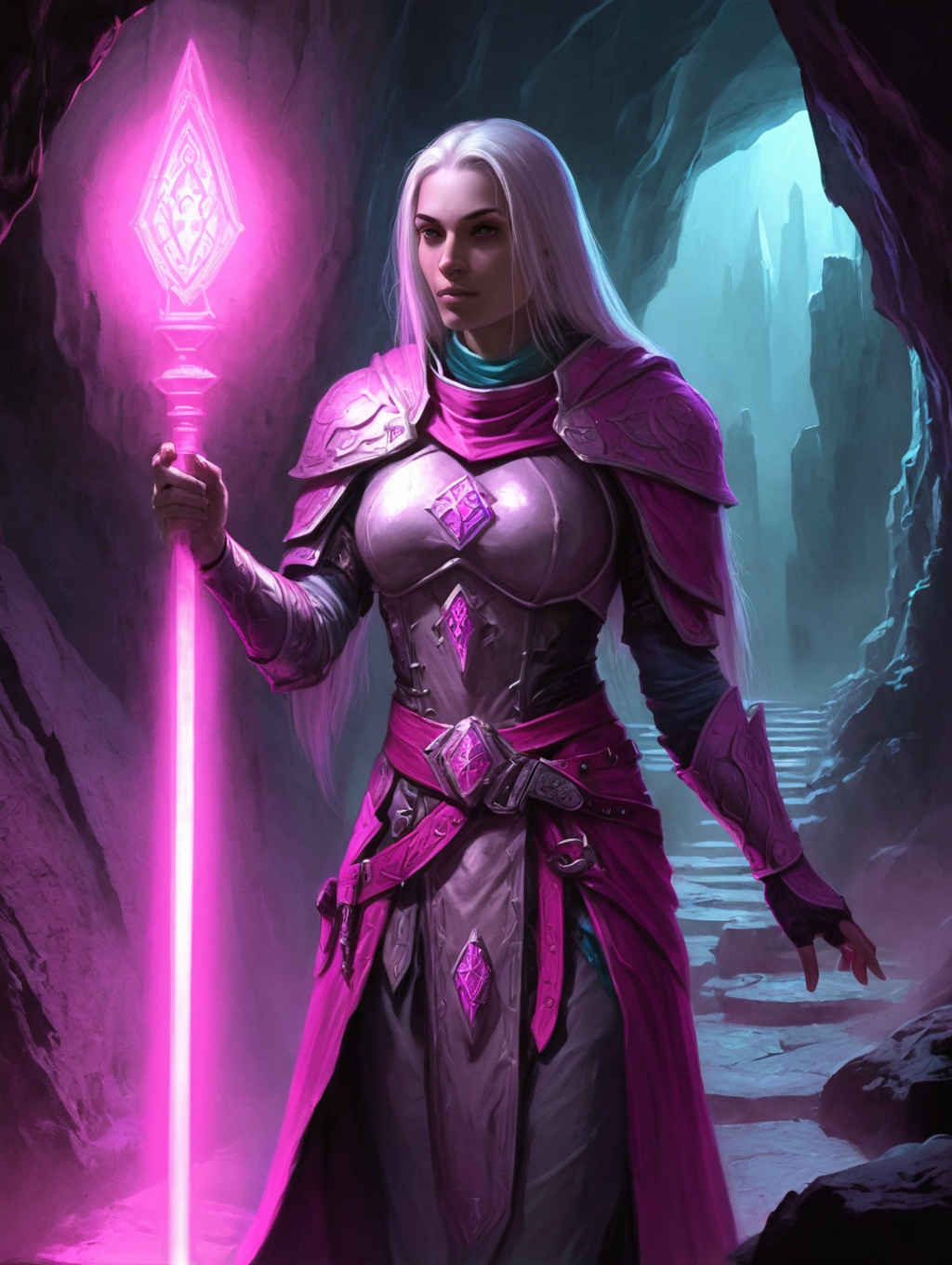 forgotten realms, female cleric, hot pink fire light illumination,  ghostly light, dark caves, night, cold light,