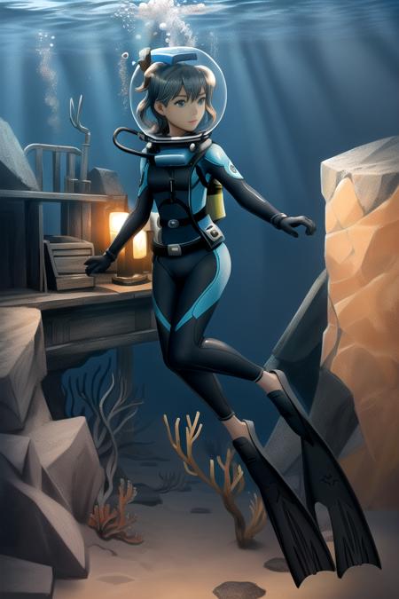 Pretty female scuba diver swimming underwater, exploring the interior of an ancient ship wreckage, ultra detailed, ((full body diving suit)), gloves, sharp focus, crystal clear, masterpiece, (1girl), (alone), ((underwater)), weight belt, ((lama scuba helmet)), (diving watch), (((deep sea dive))), ocean abyss, dim blue lighting, caustic effects, ((perfect anatomy)), ((perfectly drawn face)), ((perfectly drawn hands)), ((perfectly drawn eyes)), (black fins), anime still, fish school, [fish], (coral reef), alguae, <lora:lama_scuba_helmet_rev2-10:0.825>