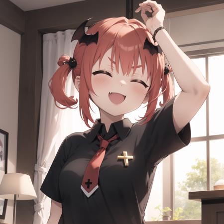 Kurumizawa, 1girl, satanichia kurumizawa mcdowell, bat hair ornament, >_<, solo, necktie, open mouth, hair ornament, fang, red hair, shirt, black shirt, arm up, smile, red necktie, closed eyes, cross, :3, :d, hair rings, upper body, inverted cross, collared shirt, indoors, xd, blush, v-shaped eyebrows, short sleeves, breasts
<lora:Kurumizawa:1>