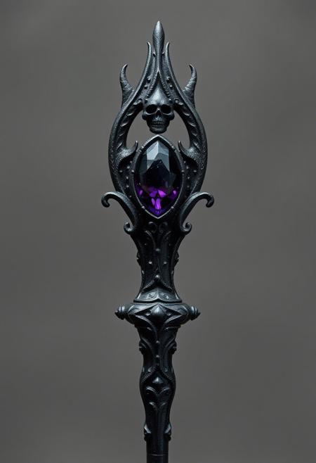 A Highly Detailed Ancient  Black Scary Looking Scepter With A Dark Purple Gem embedded in it