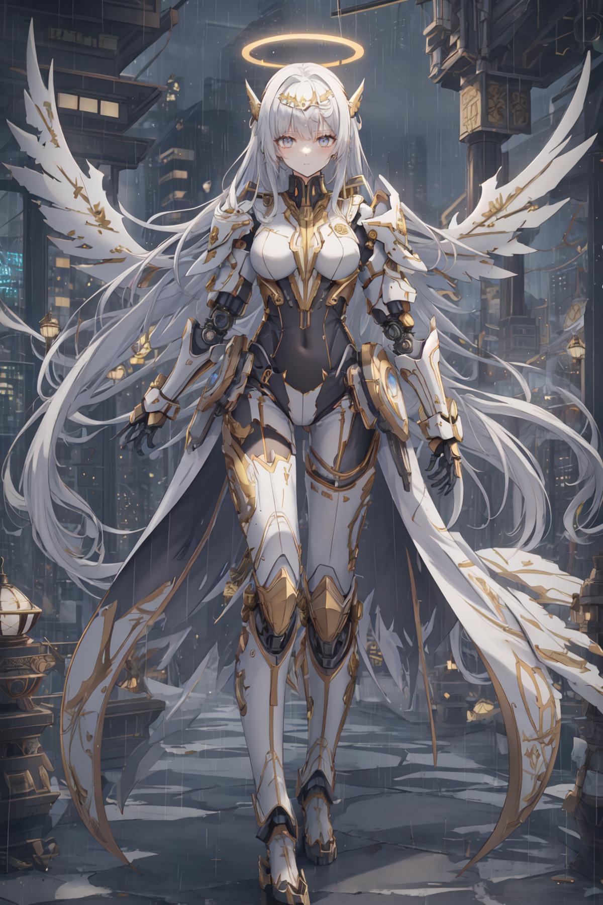 A character from a manga or anime, wearing white and gold armor and wings.