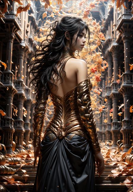 Best quality,ultra high,(photorealism:1.4),masterpiece,high resolution,original,extremely detailed wallpapers,Gilt,1girl, long hair, autumn, solo, black hair, dress, building, waste, buildings on both sides, stairs, back to camera, side face.<lora:liuJ-000018:0.8>,