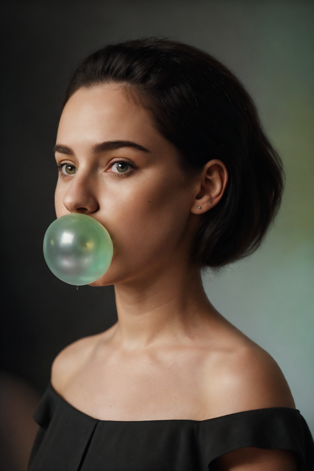Woman with brown hair and green bubble gum in her mouth.