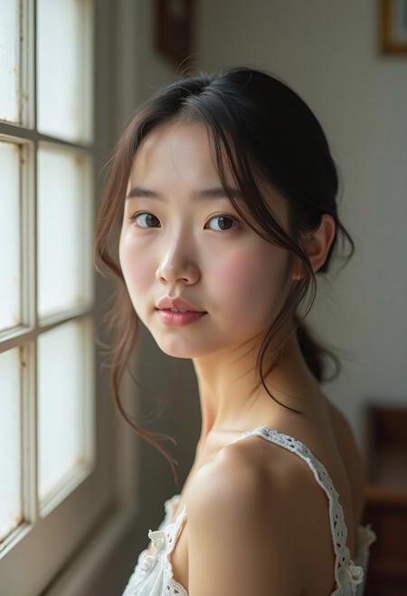 portrait photograph of a lovely young Japanese-Philippine woman with a bald head. the background suggest a window and a cozy room.
