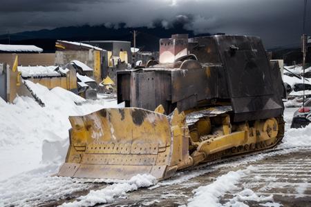 analog gloomy photo of a bulldozer with yellow blade,  <lora:k1lld0z3r:1.0>, (at night), snow, (horror movie), ((nighttime)), (midnight), dark city, High Detail, Sharp focus, (photorealism), realistic, best quality, 8k, award winning, dramatic lighting, epic, cinematic, masterpiece, rim light, ambient fog:1.5, dutch angle, depth of field, wide angle lens, low angle shot,