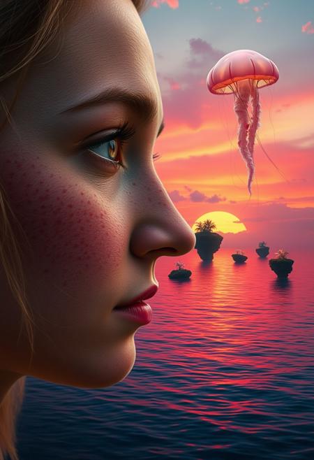 A portrait of a freckled woman, her eyes reflecting a serene sunset over a calm ocean, with the sky painted in vivid, otherworldly hues of pink, orange, and purple. Floating islands with glowing plants hover above the water, casting ethereal reflections. A giant, translucent jellyfish drifts gracefully through the sky, adding a touch of whimsy to the surreal landscape.